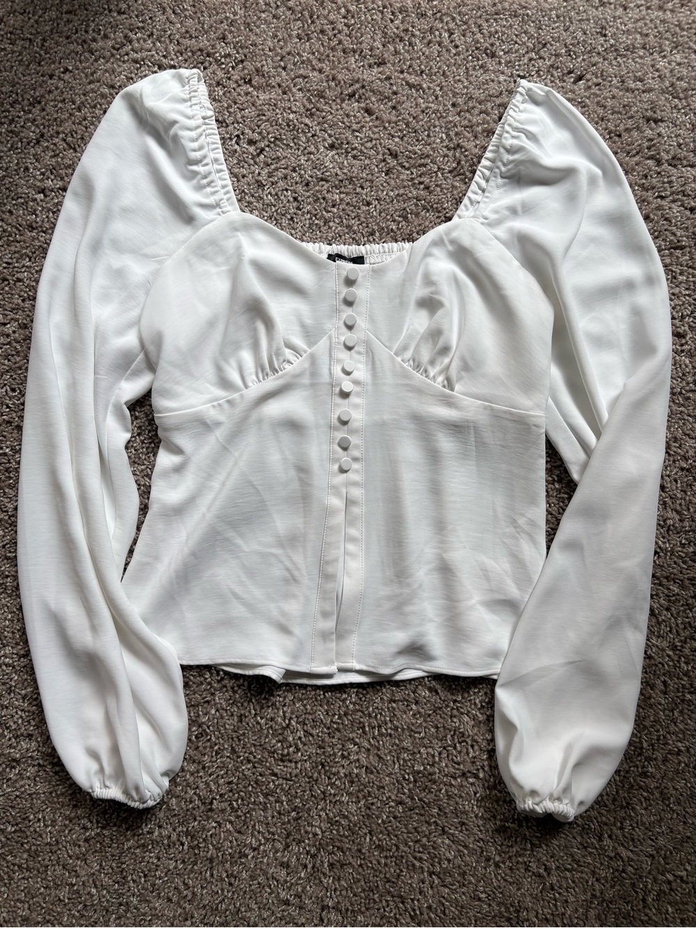 Express White Button-Front Puff Sleeve Blouse